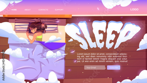 Sleep website with woman naps in bed under blanket. Top view of sleeping girl on mattress with pillows. Vector landing page with cartoon illustration of person rest in bedroom at night