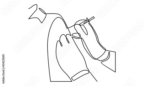 Continue line of doctor injecting a patient, getting first shot of covid vaccine in arm muscle vector illustration