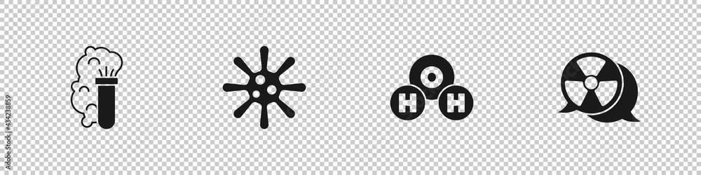 Set Chemical explosion, Bacteria, formula for H2O and Radioactive icon. Vector Set Chemical explosion, Bacteria, formula for H2O and Radioactive icon. Vector