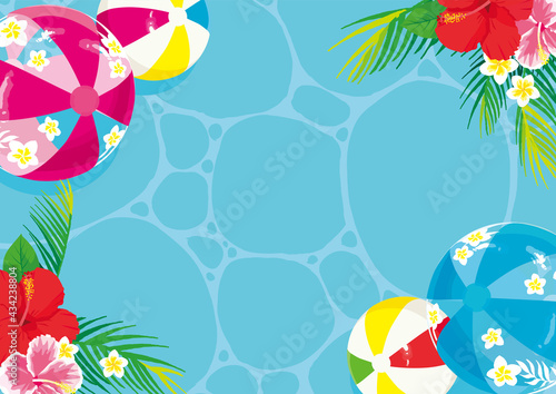 プールとビーチボール　背景イラスト