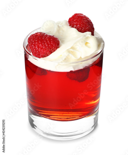 Glass of tasty raspberry jelly on white background