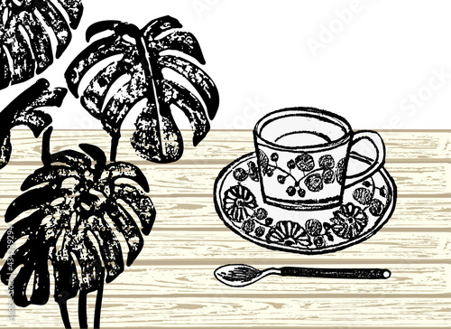カフェタイムのイラスト素材。コーヒーを飲む豊かな時間。