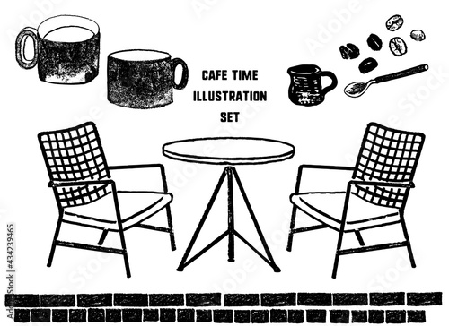 カフェタイムのイラスト素材。コーヒーを飲む豊かな時間。手描き素材。