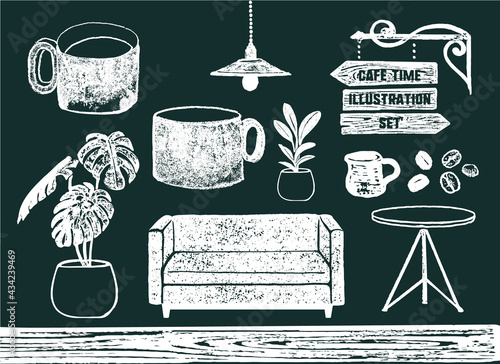 カフェタイムのイラスト素材。コーヒーを飲む豊かな時間。黒板風。