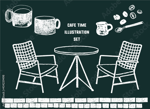 カフェタイムのイラスト素材。コーヒーを飲む豊かな時間。黒板風。