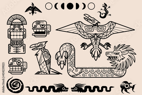 Set of Mayan or Aztec patterns, tribal decorative elements of mexican mesoamerican culture, isolated ethnic ornaments collection. Ancient civilization tattoo of dragon, moon phases and idol with snake