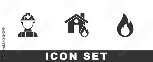 Set Firefighter, in burning house and flame icon. Vector