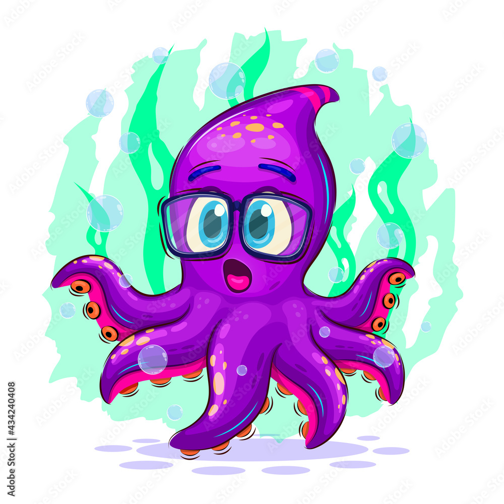 Cartoon surprised octopus.
Colorful illustration of a surprised octopus on a background of algae and bubbles. Positive and unique design. Children's bright illustration. 