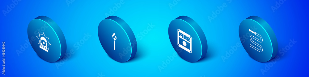 Set Isometric Flasher siren, Fire alarm system, hose reel and Burning match with fire icon. Vector Set Isometric Flasher siren, Fire alarm system, hose reel and Burning match with fire icon. Vector