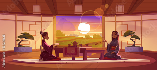 Tea ceremony in dojo room, women in traditional kimono sit at served low table on floor mat admire peaceful paddy dusk landscape in Japanese interior with authentic decor, Cartoon vector illustration