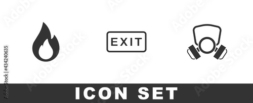 Set Fire flame, exit and Gas mask icon. Vector