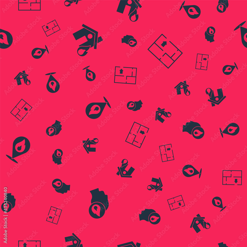 Set Firefighter, in burning house, Location with fire flame and Evacuation plan on seamless pattern. Vector Set Firefighter, in burning house, Location with fire flame and Evacuation plan on seamless pattern. Vector