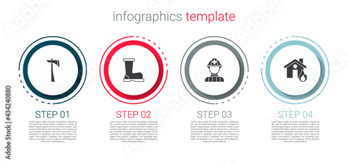 Set Firefighter axe, boots, and in burning house. Business infographic template. Vector