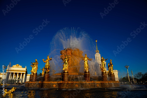 the Friendship of Peoples fountain at VDNH. exhibition of achievements of the national economy. russia moscow. a large beautiful fountain in gold symbolizing the friendship of the peoples of the USSR 