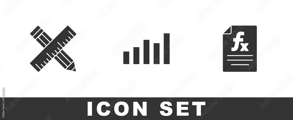 Set Crossed ruler and pencil, Graph, schedule, chart, diagram and Function mathematical symbol icon. Vector Set Crossed ruler and pencil, Graph, schedule, chart, diagram and Function mathematical symbol icon. Vector