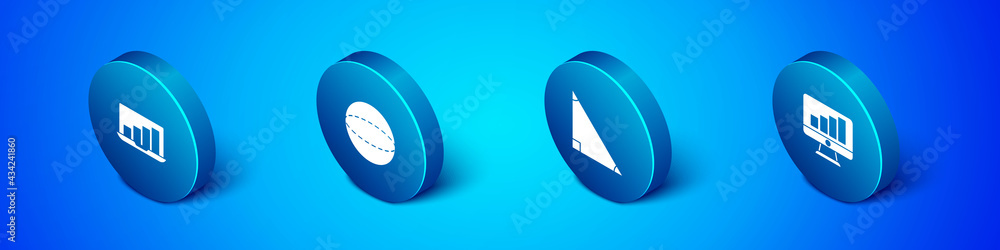 Set Isometric Laptop with graph chart, Triangle math, Computer monitor and Geometric figure Sphere icon. Vector Set Isometric Laptop with graph chart, Triangle math, Computer monitor and Geometric figure Sphere icon. Vector
