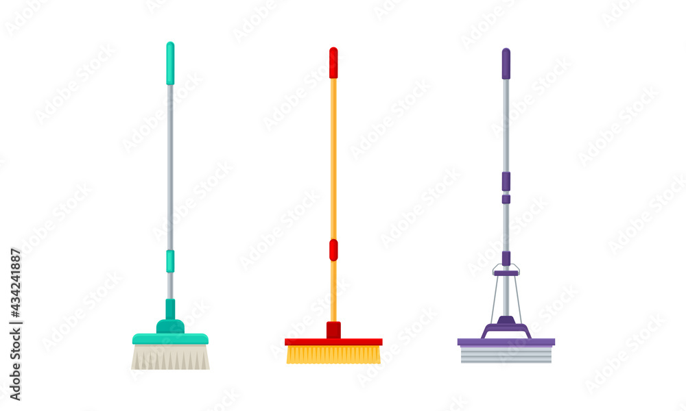 Mop and Broom with Long Pole for Cleaning and Sweeping Floors Vector Set Mop and Broom with Long Pole for Cleaning and Sweeping Floors Vector Set