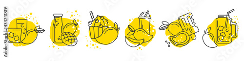 Vector image, set of isolated icons, mango fruits, drinks, desserts