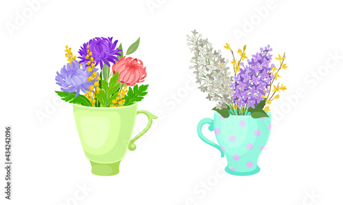 Bouquet of Blooming Flowers in Ceramic Vase with Handle Vector Set