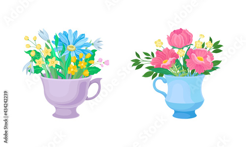 Bouquet of Blooming Flowers in Ceramic Vase with Handle Vector Set
