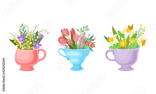 Bouquet of Blooming Flowers in Ceramic Vase with Handle Vector Set