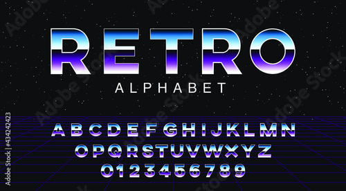 Futuristic retrowave font. Striped gradient metallic letters and numbers on space background. Sci-fi alphabet in retro 80's style. Synth Wave ABC.