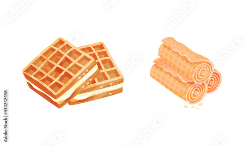 Waffle as Sweet Dish from Leavened Batter or Dough Vector Set