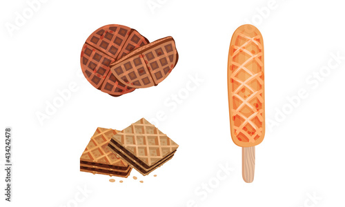 Waffle as Sweet Dish from Leavened Batter or Dough Vector Set