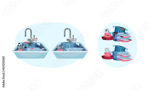 Pile of Clean and Dirty Dishes and Utensils Rested in Sink Vector Set