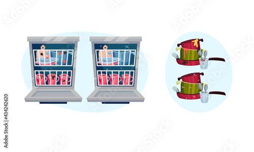 Pile of Clean and Dirty Dishes and Utensils Rested in Dishwasher Vector Set