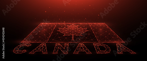 Polygonal vector illustration of a map of Canada. Abstract banner or template made of dots and lines on a dark red background. Canada Day