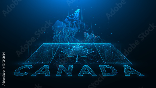 Polygonal vector illustration of map and flag of Canada. Abstract banner or template made of dots and lines on a dark blue background. Digital design. Canada Day