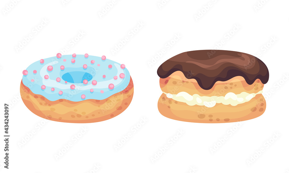 Sweet and Yummy Creamy Doughnut and Choux Pastry Dessert with Sugar Glaze on Top Vector Set Sweet and Yummy Creamy Doughnut and Choux Pastry Dessert with Sugar Glaze on Top Vector Set
