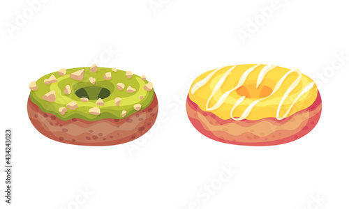 Sweet and Yummy Creamy Doughnut Dessert with Sugar Glaze on Top Vector Set