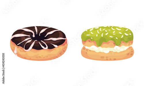 Sweet and Yummy Creamy Doughnut and Choux Pastry Dessert with Sugar Glaze on Top Vector Set