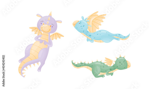 Cute Dragons as Horned and Winged Four-legged Creature from Fairytale Vector Set