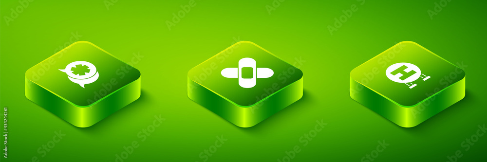 Set Isometric Crossed bandage plaster, Hospital signboard and Dialogue with the doctor icon. Vector Set Isometric Crossed bandage plaster, Hospital signboard and Dialogue with the doctor icon. Vector