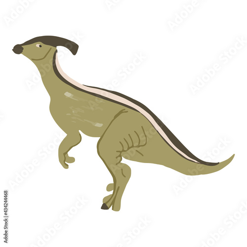 Funny vector flat dinosaur in cartoon style. Dinosaur Parasaurolophus. Illustration for children s encyclopedias and materials about dinosaurs. Ancient animals. Parasaurolophus on a white background.