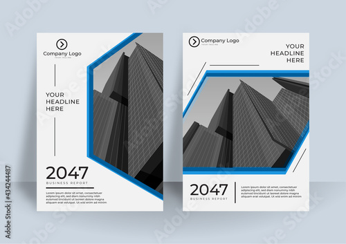 Modern blue white A4 brochure cover design layout set for business. Abstract geometry whith colored cityscape vector illustration on background. Good for annual report, industrial catalog design.