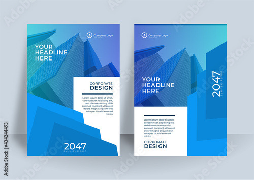 Modern blue white A4 brochure cover design layout set for business. Abstract geometry whith colored cityscape vector illustration on background. Good for annual report, industrial catalog design.