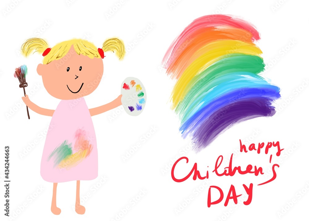A little girl with a brush and paints a rainbow. Children's Day Concept.
