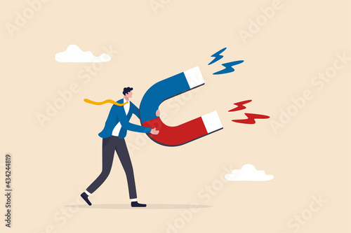 Business attraction or charisma with power to draw or attract business opportunity, money or customers concept, businessman holding high power magnet to attract all benefits.