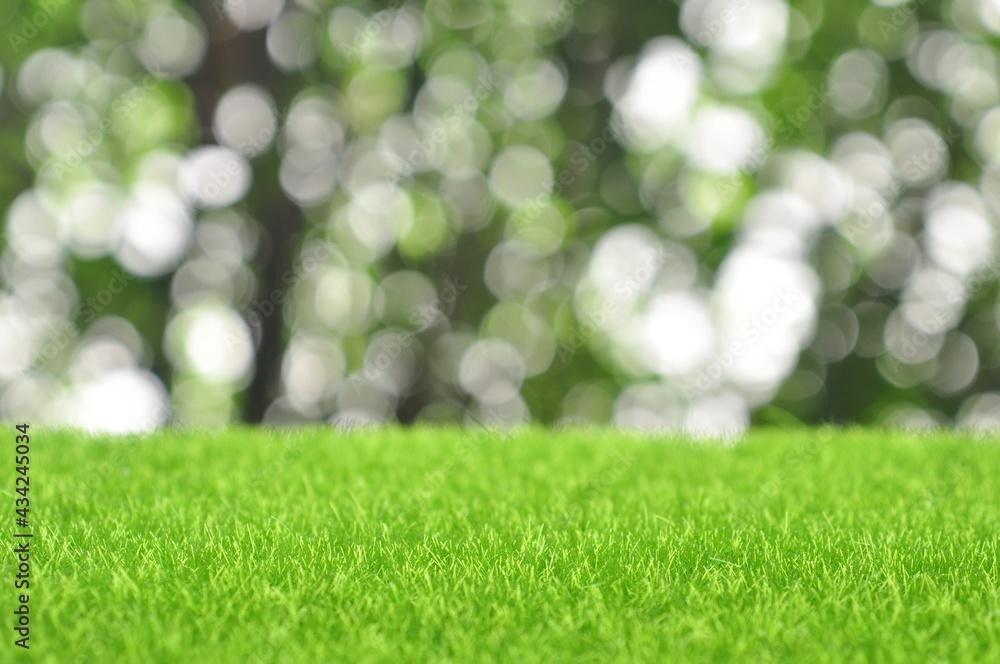 Green artificial grass on natural daylight bokeh blur background
