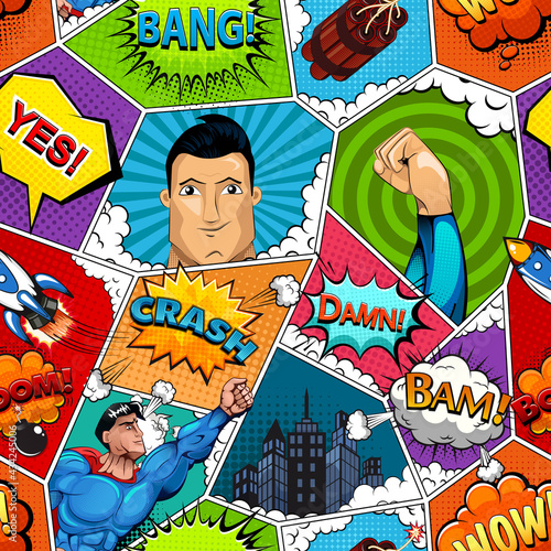 Comic book page divided by lines seamless pattern with speech bubbles, rocket, superhero and sounds effect. Vector illustration
