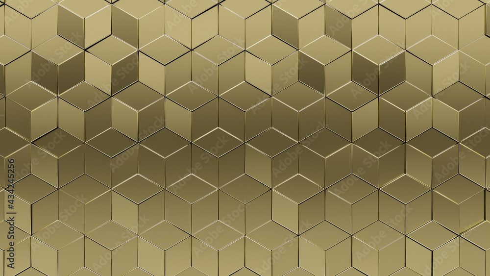 Diamond shaped, Gold Wall background with tiles. 3D, tile Wallpaper with Luxurious, Polished blocks. 3D Render Diamond shaped, Gold Wall background with tiles. 3D, tile Wallpaper with Luxurious, Polished blocks. 3D Render