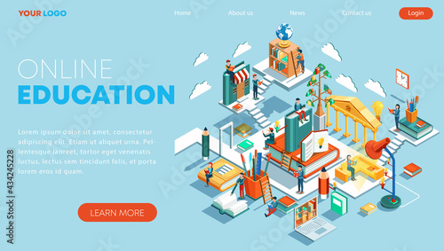 Modern flat design isometric concept of Online Education. Landing page template. Training courses, specialization, tutorials, lectures. Can use for web banner, infographics, and website. Vector illust