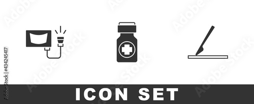 Set Ultrasound, Medicine bottle and pills and Medical surgery scalpel icon. Vector
