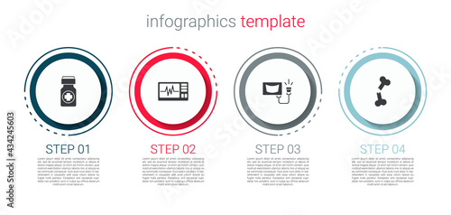 Set Medicine bottle and pills, Monitor with cardiogram, Ultrasound and Human broken bone. Business infographic template. Vector