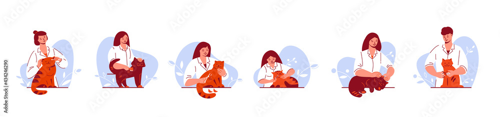 Treatment, pet care concept. Veterinarian in uniform with a cat. Set of vector illustrations in flat cartoon style. Treatment, pet care concept. Veterinarian in uniform with a cat. Set of vector illustrations in flat cartoon style.