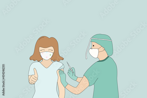 Vector - Doctor or nurse injection Coronavirus (Covid-19) vaccine to young woman.  Patient show sign hand good or OK on green background. Cartoon style.